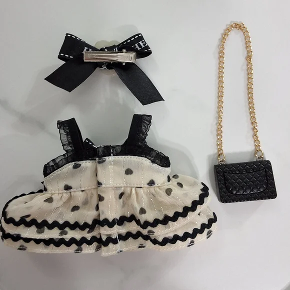 NEW Labubu Lux Outfit- Black & Cream Dress With Bow And Quilted Gold Chain  Bag